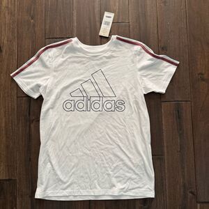 Adidas White Short Sleeve Tee with Maroon & Navy Stripes Boys L 14/16 NWT